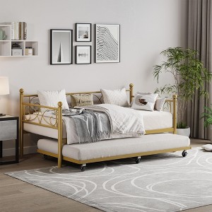 Coolmee Daybed with Trundle Bed, Twin Size Metal Day Bed with Floral Headboard, Modern Sofa Bed Frame, Heavy Duty Steel Slats Supports - 1 of 4