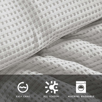 Grey Waffle Textured Queen Duvet Cover Set with Shams