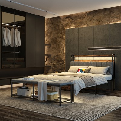 VECELO Full/Queen Upholstered Bed Frame with Storage End of Bed Bench, Platform Bed with Headboard & Charging Station, LED Lights, Gray