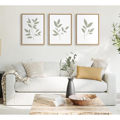 Modern Sage Green Botanical Print on Canvas with Natural Frame, 3 Piece Set