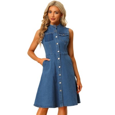 Allegra K Women's Sleeveless Button Down Distressed Midi Denim Shirt Dress
