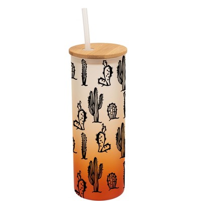 Elanze Designs Classic Cactus Desert Plant Wrap-Around Design 25 Ounce Frosted Gradient Glass On-The-Go Coffee Travel Skinny Tumbler Mug Cup, Bamboo