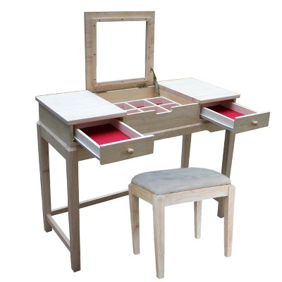 Elegant Unfinished Solid Wood Vanity Table with Microfiber Bench