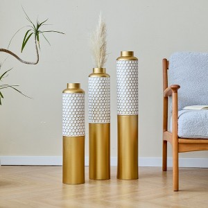 Grungis Set of 3 Metal Flower Vases,24"/28.34"/32.6" Decorative Vases for Luxury Home Decor, Entryway & Living Room Statement Centerpieces,Gold+White - 1 of 4