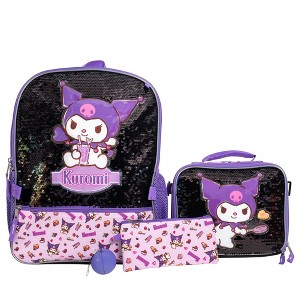 Sanrio’s Kuromi 4 Piece Backpack Set, Hello Kitty Kawaii Flip Sequin Girls School Bag with Front Zip Pocket, 2 Side Mesh Pockets, Black & Purple - 1 of 4