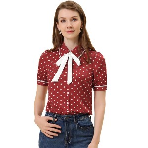 Allegra K Women's Polka Dots Peter Pan Collar Tie Neck Short Sleeve Shirt - 1 of 4