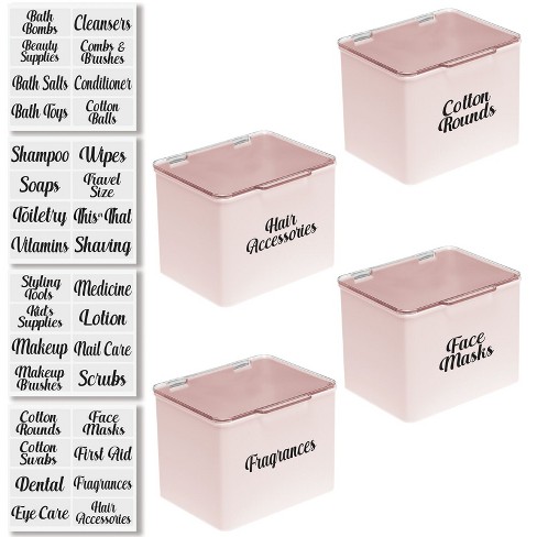 mDesign Stackable Plastic Bathroom Organizer Box, 4 Pack + 32 Labels - Pink