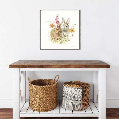 Springtime Bunnies Floral Canvas Framed Wall Art
