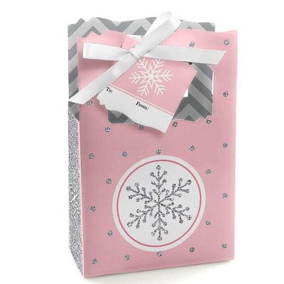 Big Dot of Happiness Pink Winter Wonderland - Holiday Snowflake Birthday Party Favor Boxes Gift Bags - Set of 12