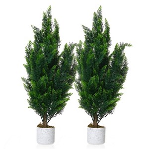 Orieon 2 Pack 3ft Tall Artificial Cedar Topiary Trees in Pot, UV-Protected Faux Cypress Shrubs for Front Door, Patio & Indoor Decor - 1 of 4