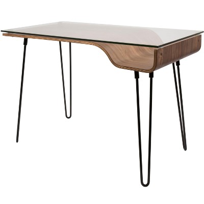 Vynxaria Mid-Century Modern Desk - Walnut Wood, Clear Glass, Black Metal, Hairpin Legs, Bent Wood Storage Shelf
