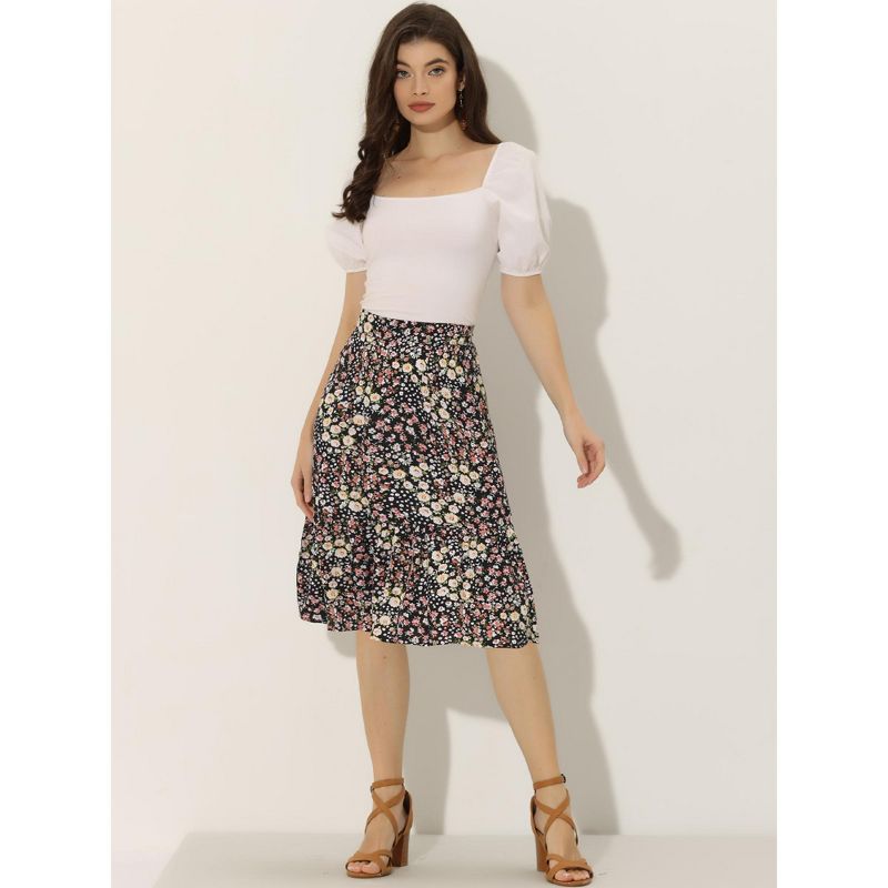 Allegra K Women's Floral Print Ruffle Hem High Elastic Waist Casual A-Line Midi Skirt, 3 of 6
