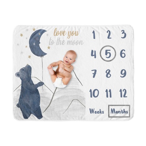 Sweet Jojo Designs Gender Neutral Baby Milestone Blanket Bear and Moon Blue Gold and White