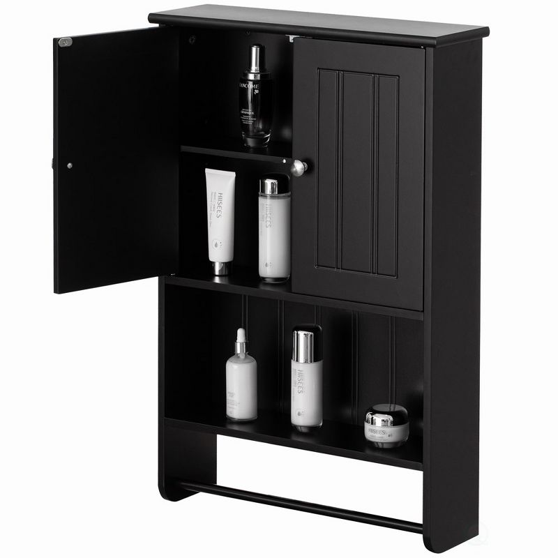 Wall Mount Bathroom Cabinet Wooden Medicine Cabinet Storage Organizer Double Door with 2 Shelves, and Open Display Shelf, with Towel Bar, 1 of 10