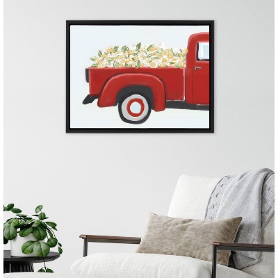 Red Truck with Flowers Framed Canvas Art