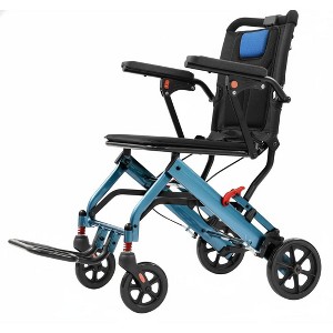 GustoWave Portable Folding Wheelchair, Travel Wheelchair with Handbrake, Ultra-Light Wheelchair for The Elderly and Children, Blue - 1 of 3