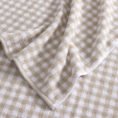 Beige and White Gingham Cotton Towel Set, 3 Pieces