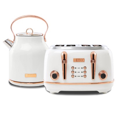 Haden Heritage 4 Slice Wide Slot Stainless Steel Toaster Bundled with 1.7 Liter Stainless Steel Electric Water Kettle, Ivory & Copper