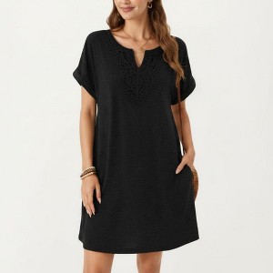 Anna-Kaci Women's Short Sleeve Shift Dress with Split V Neck Embroidered  Detail Relaxed Fit Casual Tunic Dress : Target