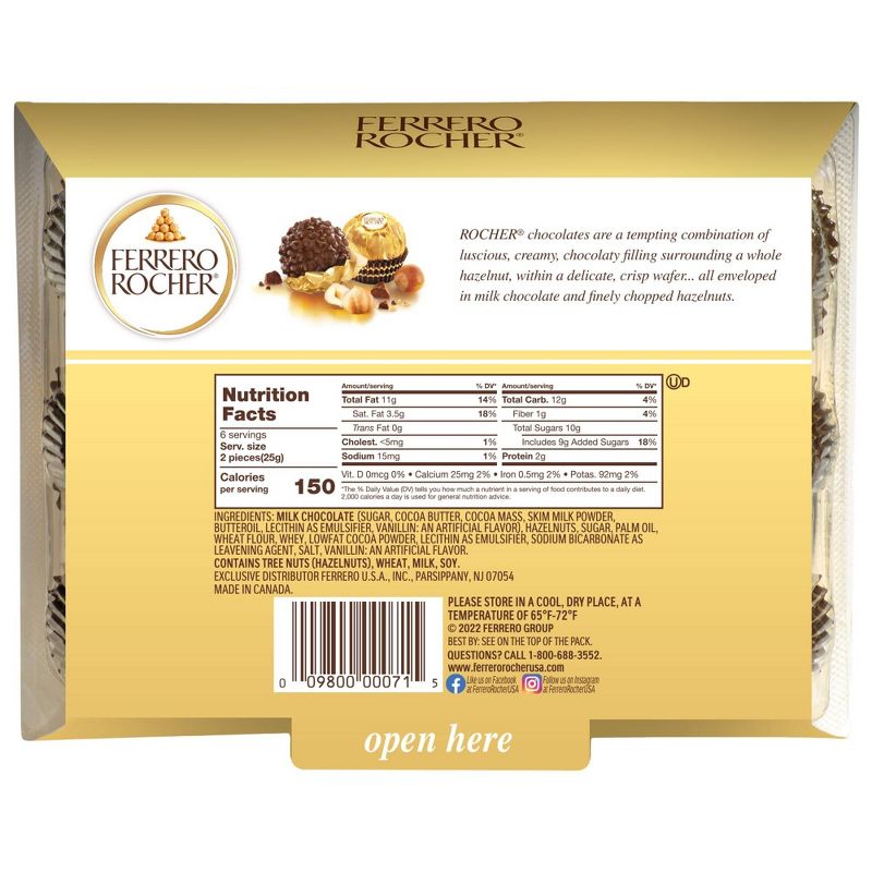 Ferrero Rocher Fine Hazelnut Chocolate Candy - 5.3oz/12ct, 3 of 9