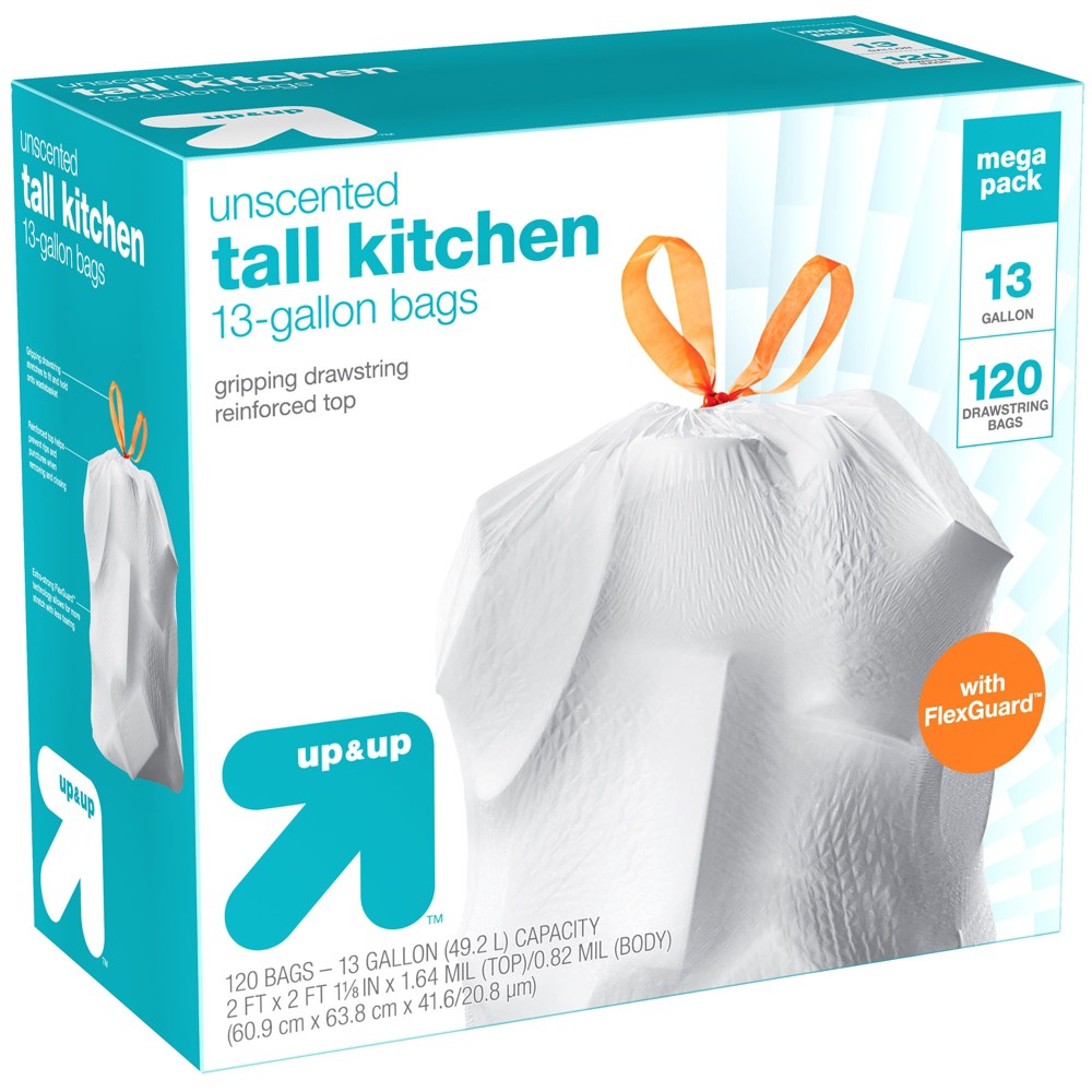 FlexGuard Tall Kitchen Drawstring Trash Bags - Unscented - 13 Gallon - 120ct - up & up, White