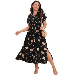 Coolmee Women's Plus Size Summer Dress Tie Belt Work Polo Dress Business Casual Button Down Maxi Dresses - 1 of 4