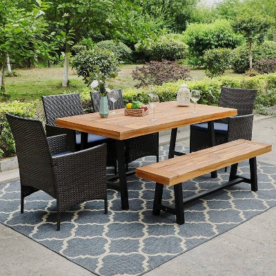 6pc Patio Dining Set with Acacia Table & Bench & 4 PE Rattan Chairs - Captiva Designs