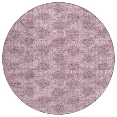 HomeRoots 8' Pink And Eggplant Round Damask Washable Indoor Outdoor Area Rug