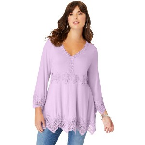 Roaman's Women's Plus Size Empire Waist Boho Lace Trimmed Tee - 1 of 4