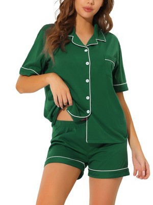 cheibear Women's Button Down Pajamas Set with Shorts Green Large