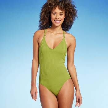 Women's Wide Ribbed Ring Medium Coverage One Piece Swimsuit - Kona Sol™ Green