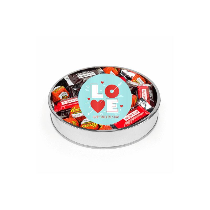 Valentine's Day Sugar Free Chocolate Gift Tin Large Plastic Tin with Sticker and Hershey's Candy & Reese's Mix - Love Arrow - By Just Candy, 1 of 2