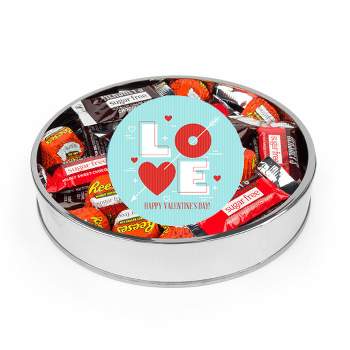 Valentine's Day Sugar Free Chocolate Gift Tin Large Plastic Tin with Sticker and Hershey's Candy & Reese's Mix - Love Arrow - By Just Candy