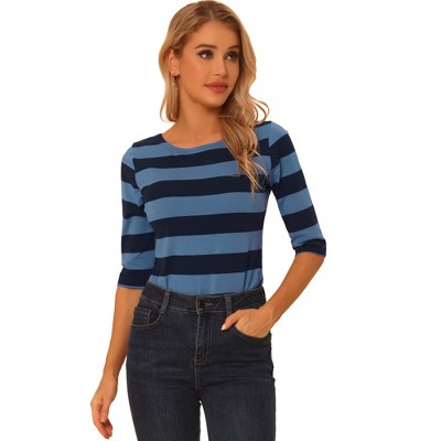 INSPIRE CHIC Women's Stripes Casual Basic Elbow Sleeves Boat Neck Slim Fit T-Shirts