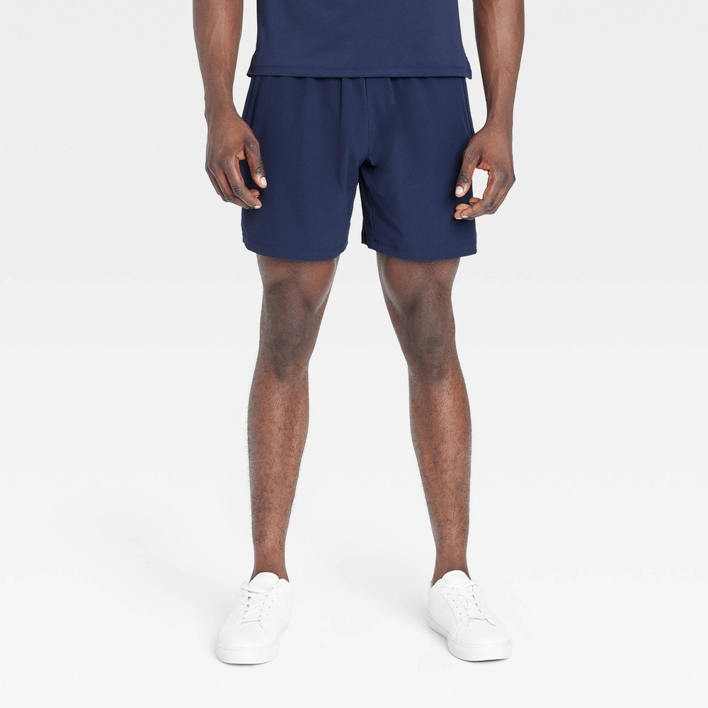 Men's Stretch Woven Shorts 7" - All In Motion™ Navy Blue S: Adjustable Waistband, Side Pocket