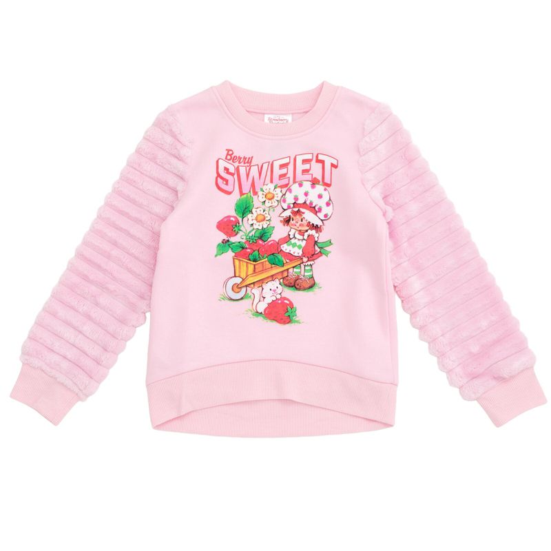 Strawberry Shortcake Toddler Girls Fleece Pullover Sweatshirt with Faux Fur Sleeves Pastel Pink 2T