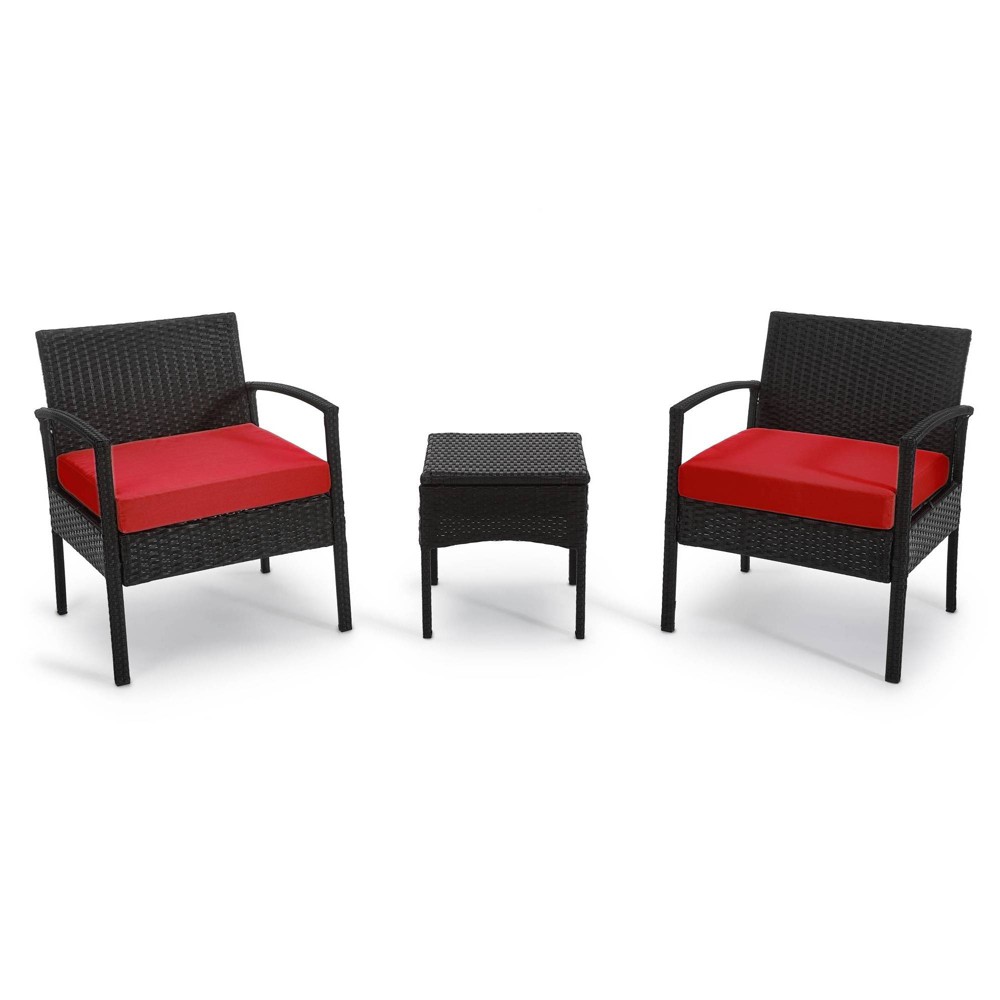3pc Wicker Rattan Patio Conversation Set - Black/Red - EDYO LIVING