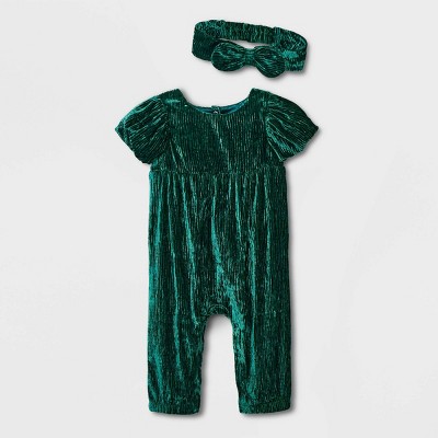Baby Girls' Crinkle Crushed Velour Romper with Headband - Cat & Jack™ Green Newborn