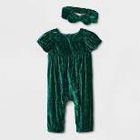 Baby Girls' Crinkle Crushed Velour Romper with Headband - Cat & Jack™ Green