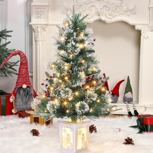 3FT Artificial Desktop Tree with 78 Warm White 8 Mode Lights & Snowflake Light Box Base - 1 of 4