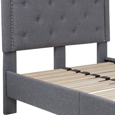 Elegant Twin-Size Light Gray Upholstered Bed with Tufted Headboard and Nailhead Trim