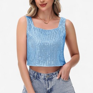 Anna-Kaci Women's Sequin Square Neck Tank Top with Sleeveless Design and Cropped Fit - 1 of 4