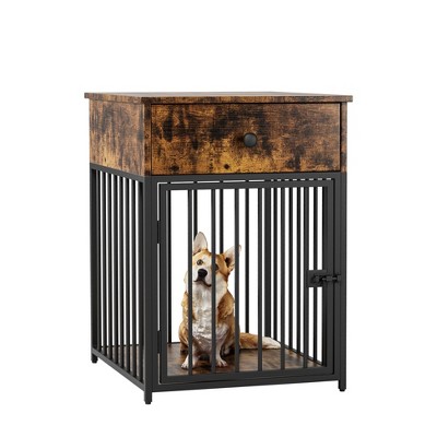 Gulches Dog Crate Furniture,Dog House,Decorative Dog Kennel with Drawer,Indoor Pet Crate End Table for Small Dog,Iron-Tube Dog Cage,Chew-Proof,Brown