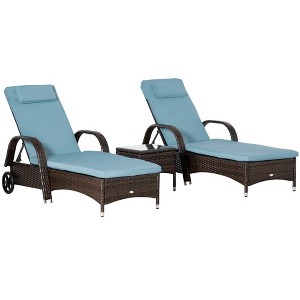 Wicker Outdoor Chaise Lounge Chair Set of 3 with Side Table, 5-Level Adjustable Backrest PE Rattan Pool Lounge Chair with Wheels, Cushion & Headrest - 1 of 4