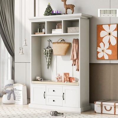 NicBex Hall Tree with Bench Entryway Hall Tree with 3 Hooks, 3 Open Shelves, 2 Drawer and 2 Storage Cabinets Anti-Dumping Hall Tree, White