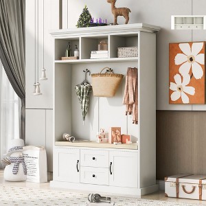NicBex Hall Tree with Bench Entryway Hall Tree with 3 Hooks, 3 Open Shelves, 2 Drawer and 2 Storage Cabinets Anti-Dumping Hall Tree, White - 1 of 4