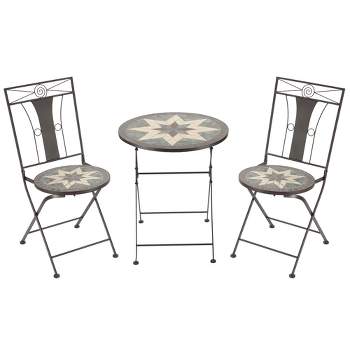 Outsunny 3 Piece Patio Bistro Set, Metal Folding Chairs, Foldable Outdoor Dining Table, Stone Mosaic Pattern for Decor, Poolside, Porch, Coffee