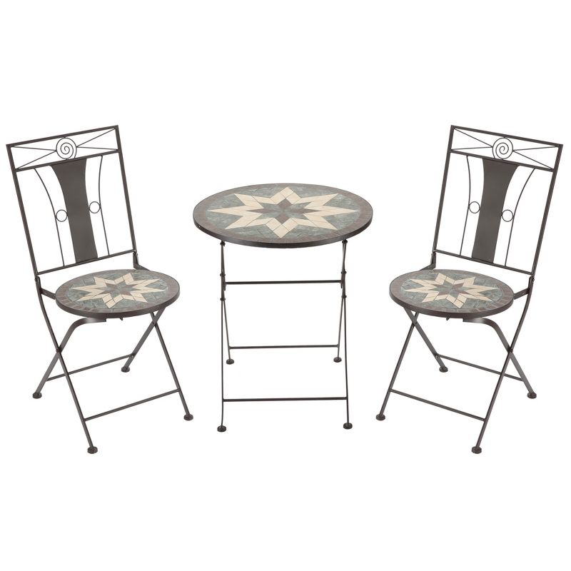 Outsunny 3 Piece Patio Bistro Set, Metal Folding Chairs, Foldable Outdoor Dining Table, Stone Mosaic Pattern for Decor, Poolside, Porch, Coffee, 1 of 7