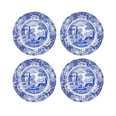 Spode Blue Italian 10.5-Inch Porcelain Dining Plates - Set of 4 Classic Round Dishes with Eastern-Inspired Border