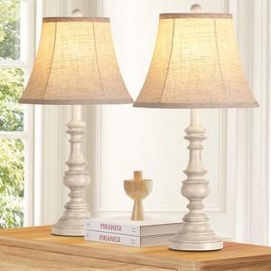 DOMETOUR Rustic Farmhouse Table Lamps Set of 2 with 3-Color LED Bulbs, Linen Shade, Rotary Switch for Bedroom Living Room - 1 of 4